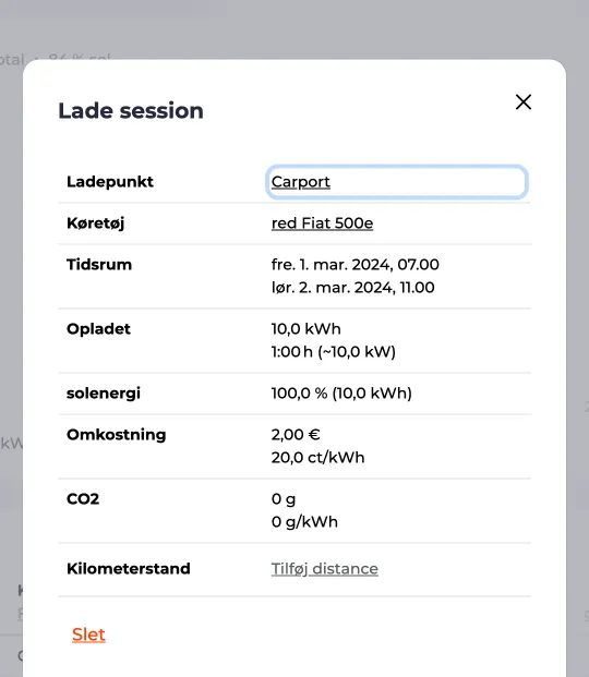 Detaljevisning af en opladningssession