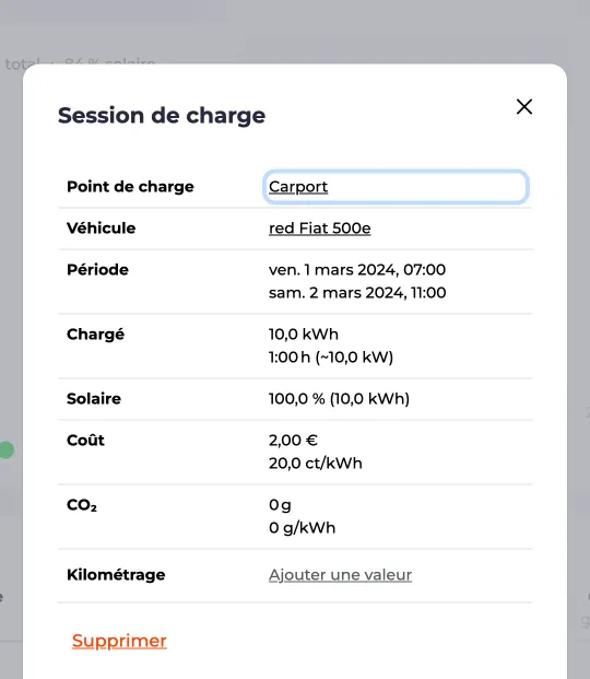 Vue détaillée d’une session de charge