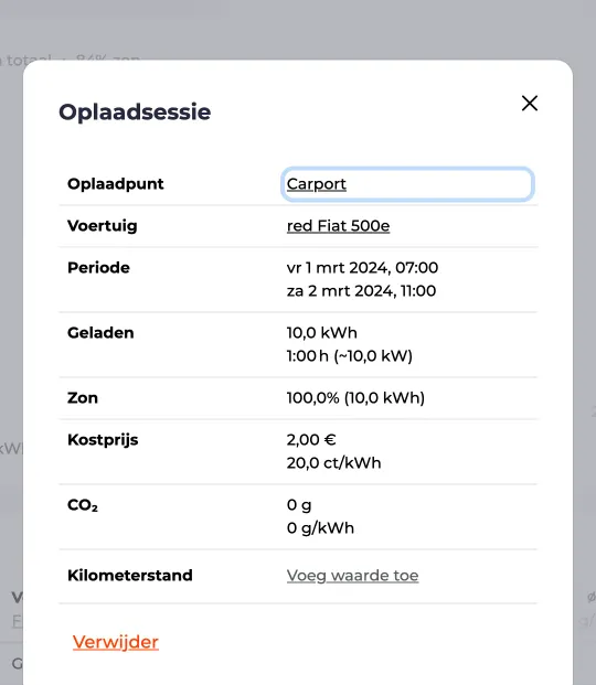 Detailweergave van een laadsessie