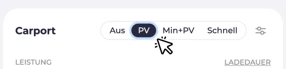 Screenshot eines Ladepunktes. Cursor klickt auf den PV-Modus.