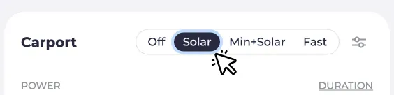 Screenshot of a charging point. Cursor clicks on the Solar mode.