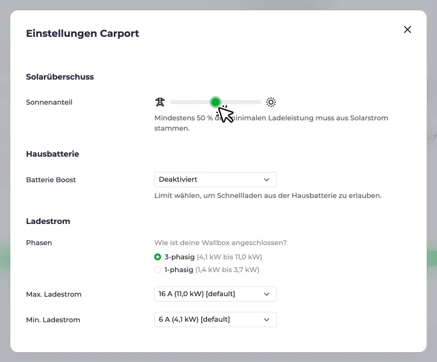 Sonnenanteil-Regler in den Ladepunkt-Einstellungen, auf 50% gestellt.