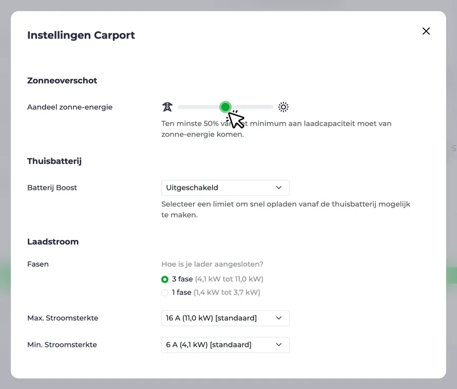 Schuifregelaar voor het aandeel zonne-energie in de instellingen van het laadpunt, ingesteld op 50%.