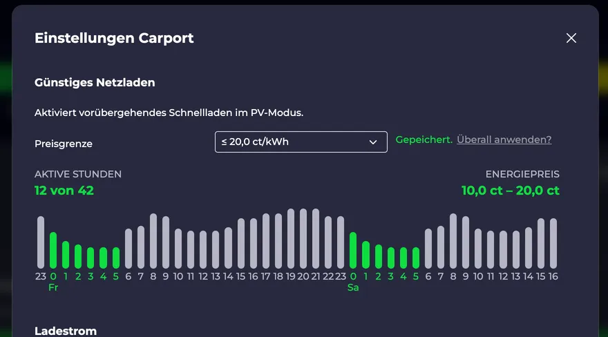 Screenshot vom Smartes Netzladen Dialog mit eingestelltem Preislimit