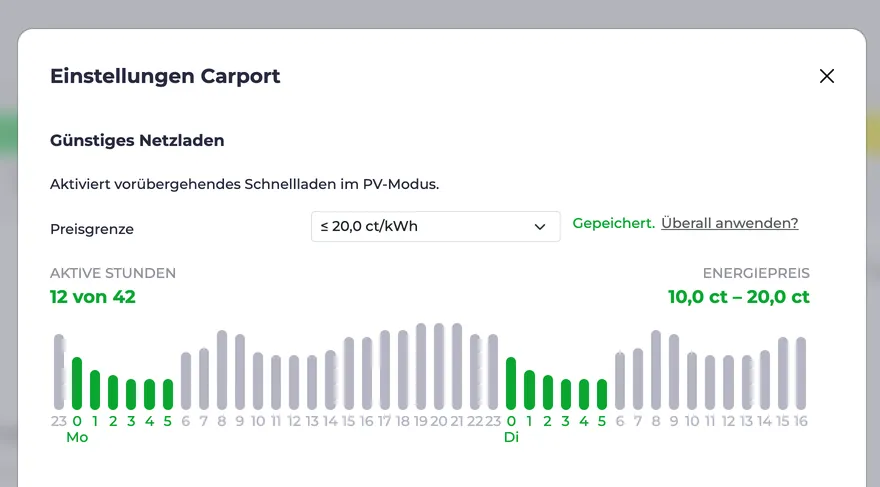 Screenshot vom Smartes Netzladen Dialog mit eingestelltem Preislimit