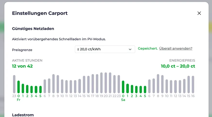 Screenshot vom Smartes Netzladen Dialog mit eingestelltem Preislimit