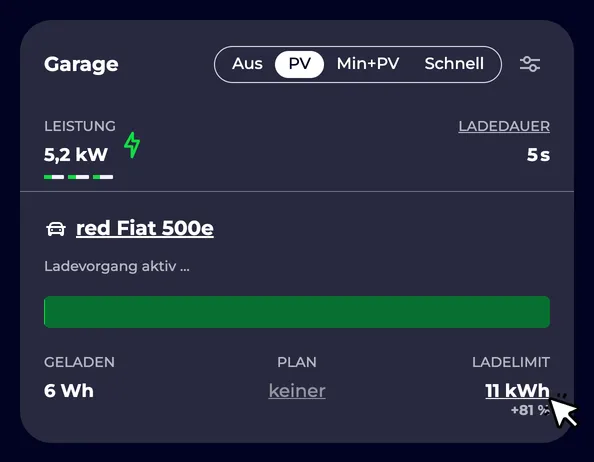 Screenshot eines Ladepunkts Energielimit auf 30 kWh