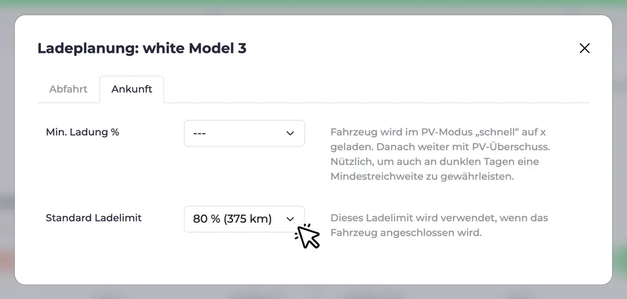 Screenshot der Standard-Ladelimit Einstellung im Ladeplanung Dialog