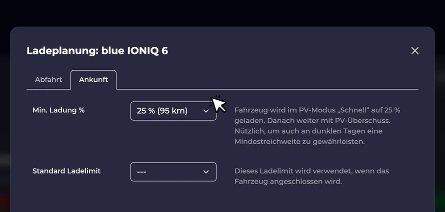 Screenshot der Mindestladung Einstellung im Ladeplanung Dialog