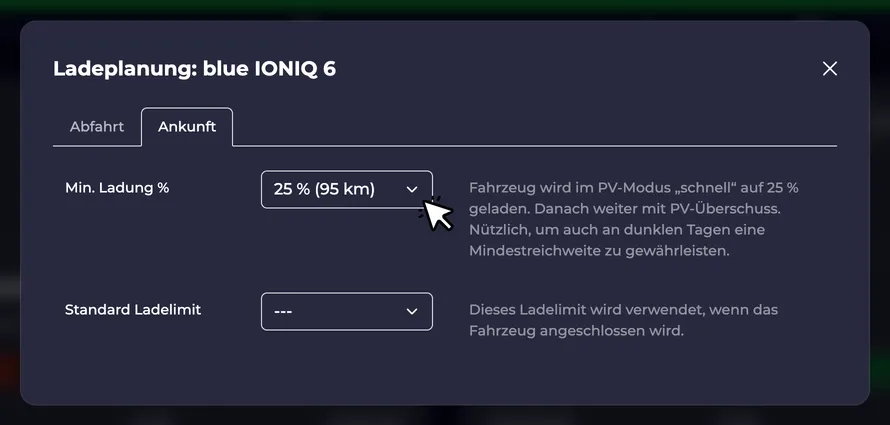 Screenshot der Mindestladung Einstellung im Ladeplanung Dialog
