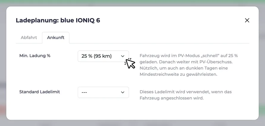 Screenshot der Mindestladung Einstellung im Ladeplanung Dialog