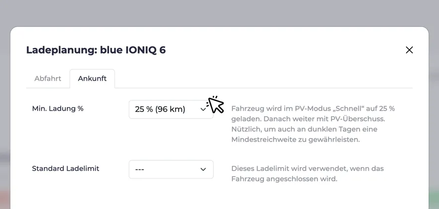 Screenshot der Mindestladung Einstellung im Ladeplanung Dialog