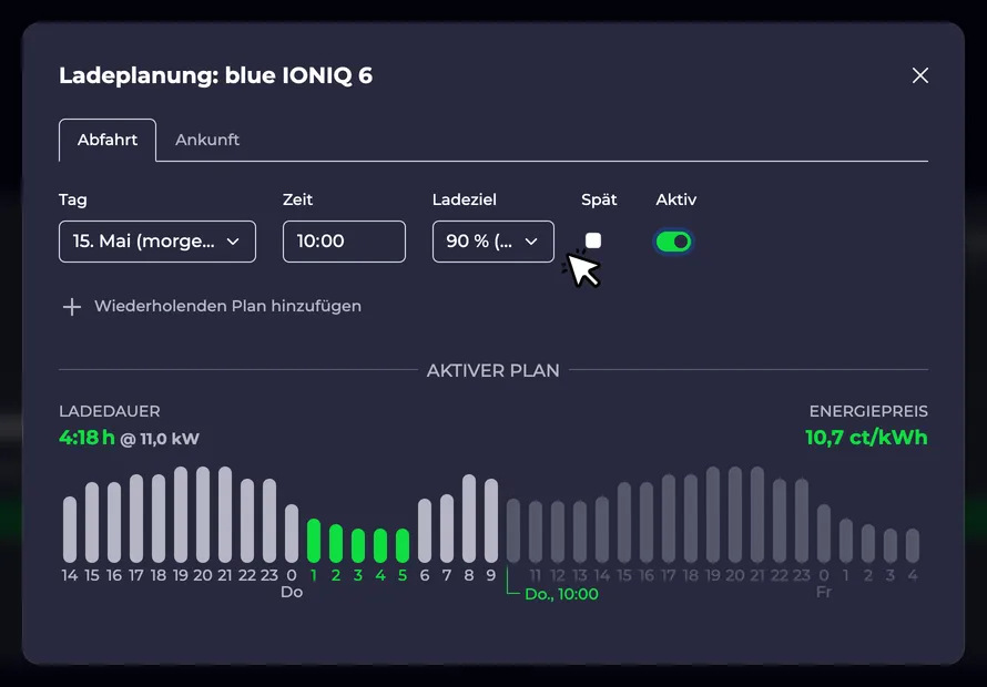 Screenshot einer Ladeplanung mittels Ladestand