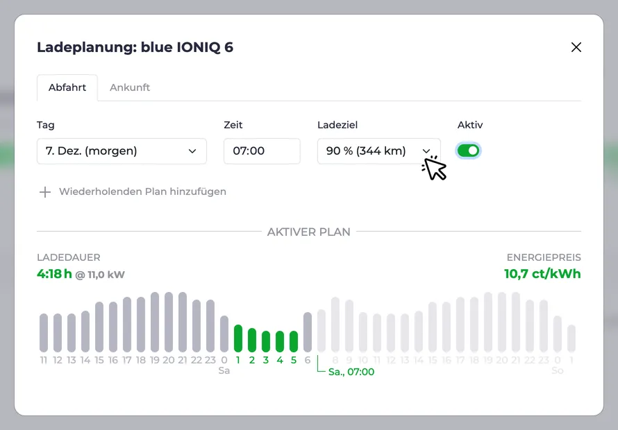 Screenshot einer Ladeplanung mittels Ladestand