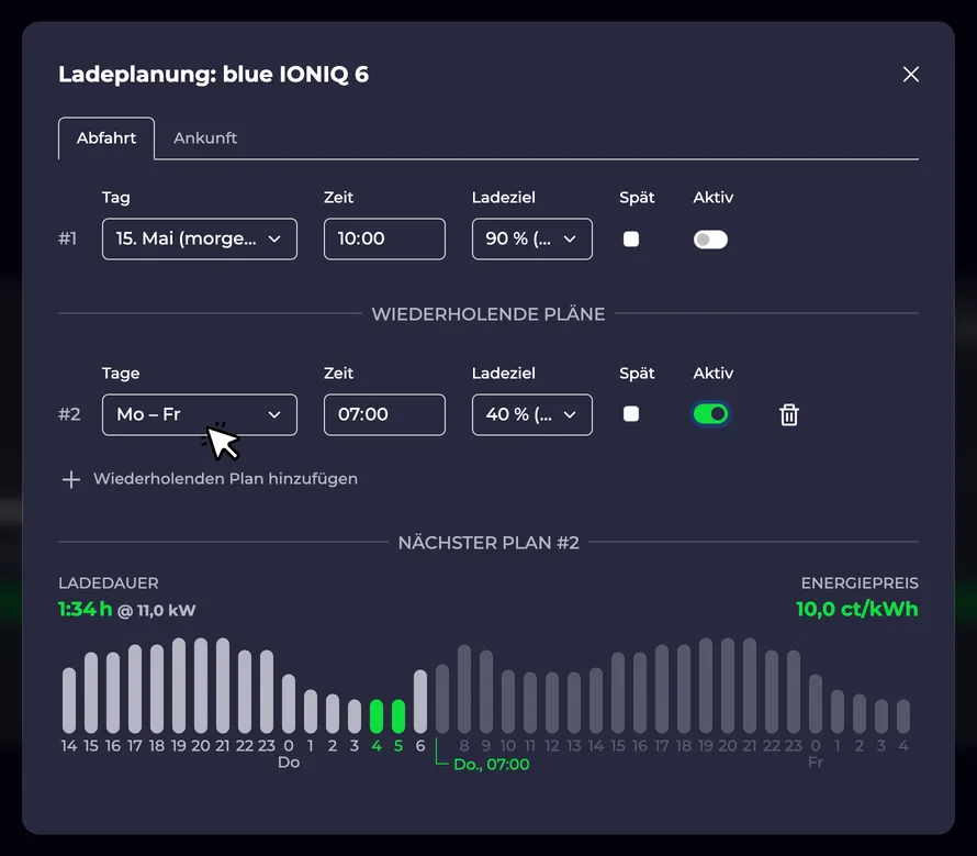Screenshot einer wiederholenden Ladeplanung