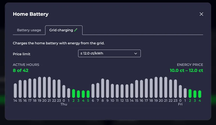 Home battery dialog for mains charging
