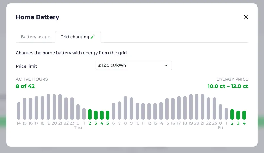 Home battery dialog for mains charging