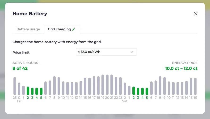 Home battery dialog for mains charging