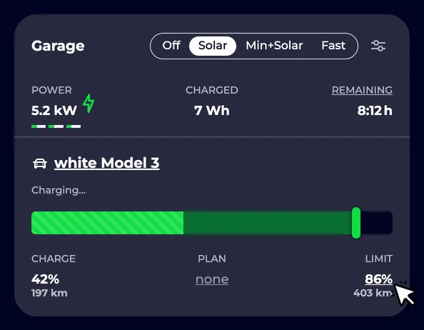 Screenshot of a charging point charging limit at 90%