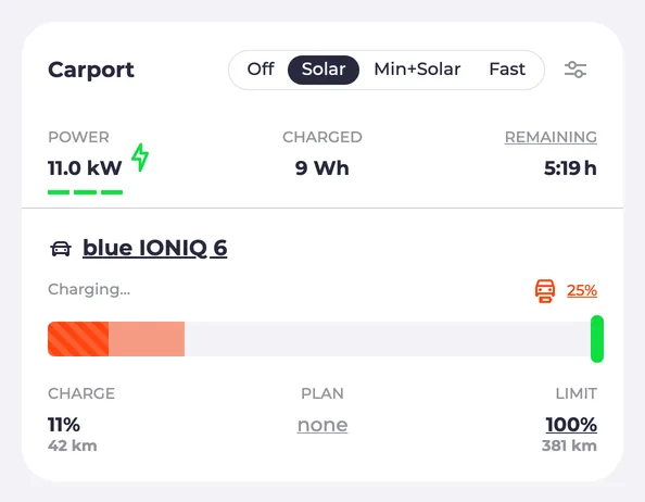 Screenshot of a charging point with active minimum charge