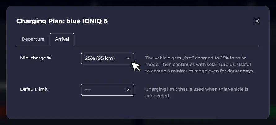 Screenshot of the minimum charge setting in the charging plan dialog