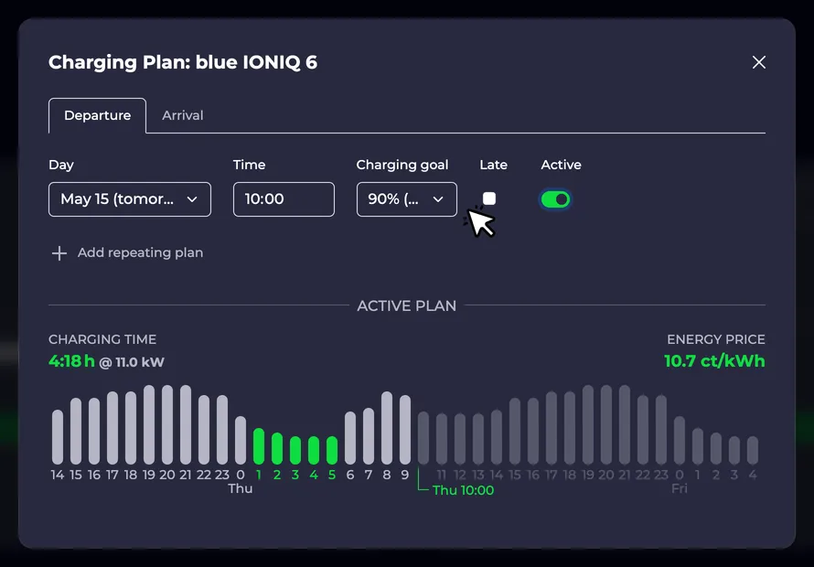 Screenshot of a charging plan using the charging status
