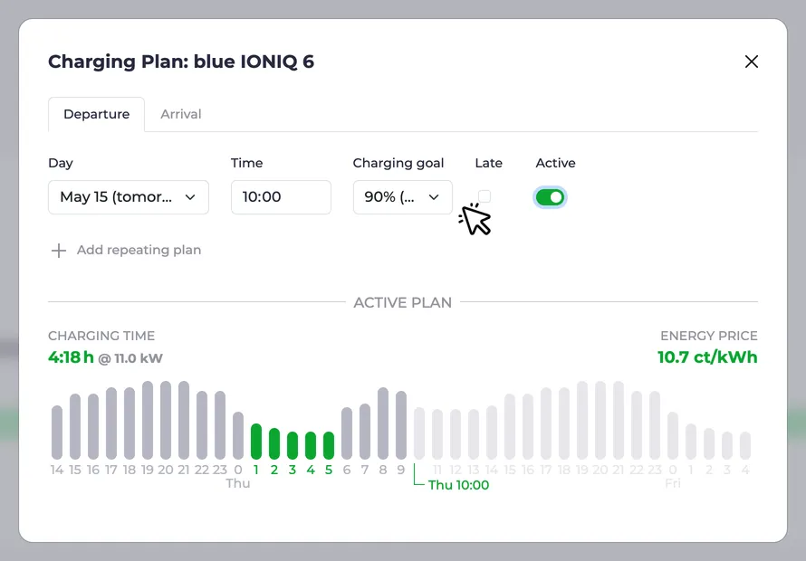 Screenshot of a charging plan using the charging status