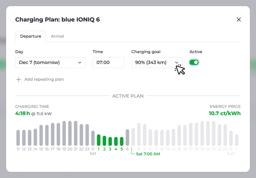 Screenshot of a charging plan using the charging status